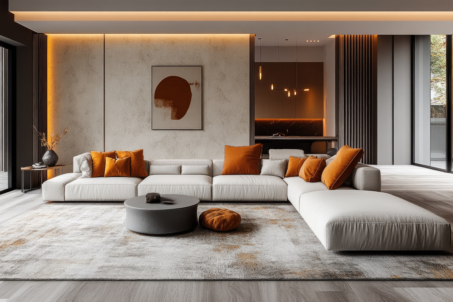 客廳現代風裝潢採用白色 L 型沙發與橘色抱枕，搭配暖色調線性燈光與抽象畫裝飾